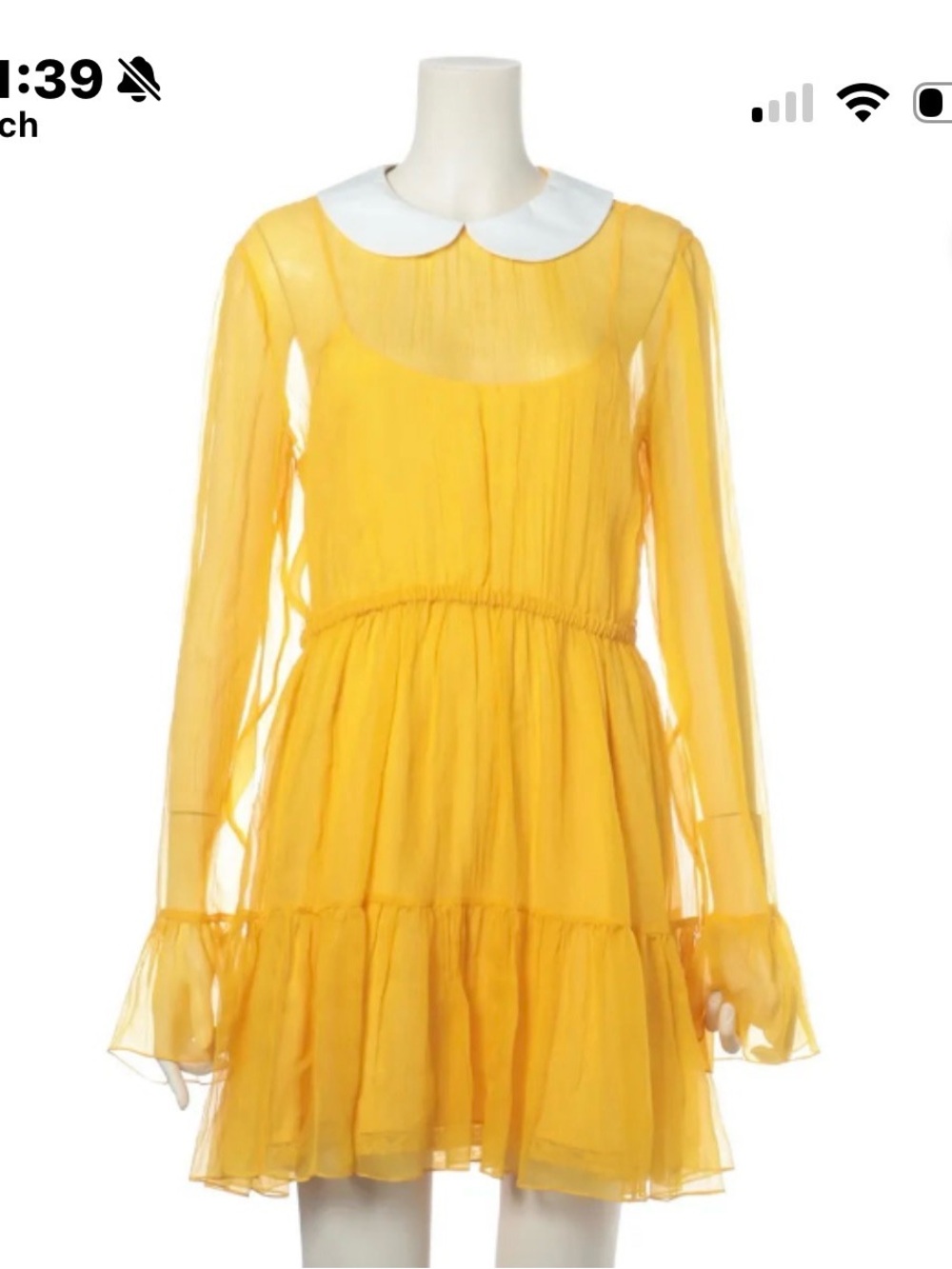 Gucci Yellow Long-Sleeve Tiered Silk Chiffon Dress with Peter Pan Collar